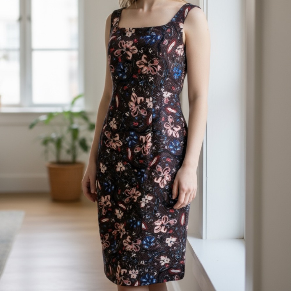 ERDEM Arlie Floral Jacquard Midi Sheath Dress Blue Pink Wedding Guest US 8 - Picture 15 of 15